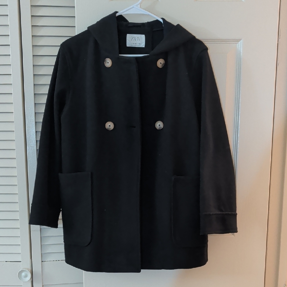 Zara Girl's Double-Breasted Black Pea Coat
